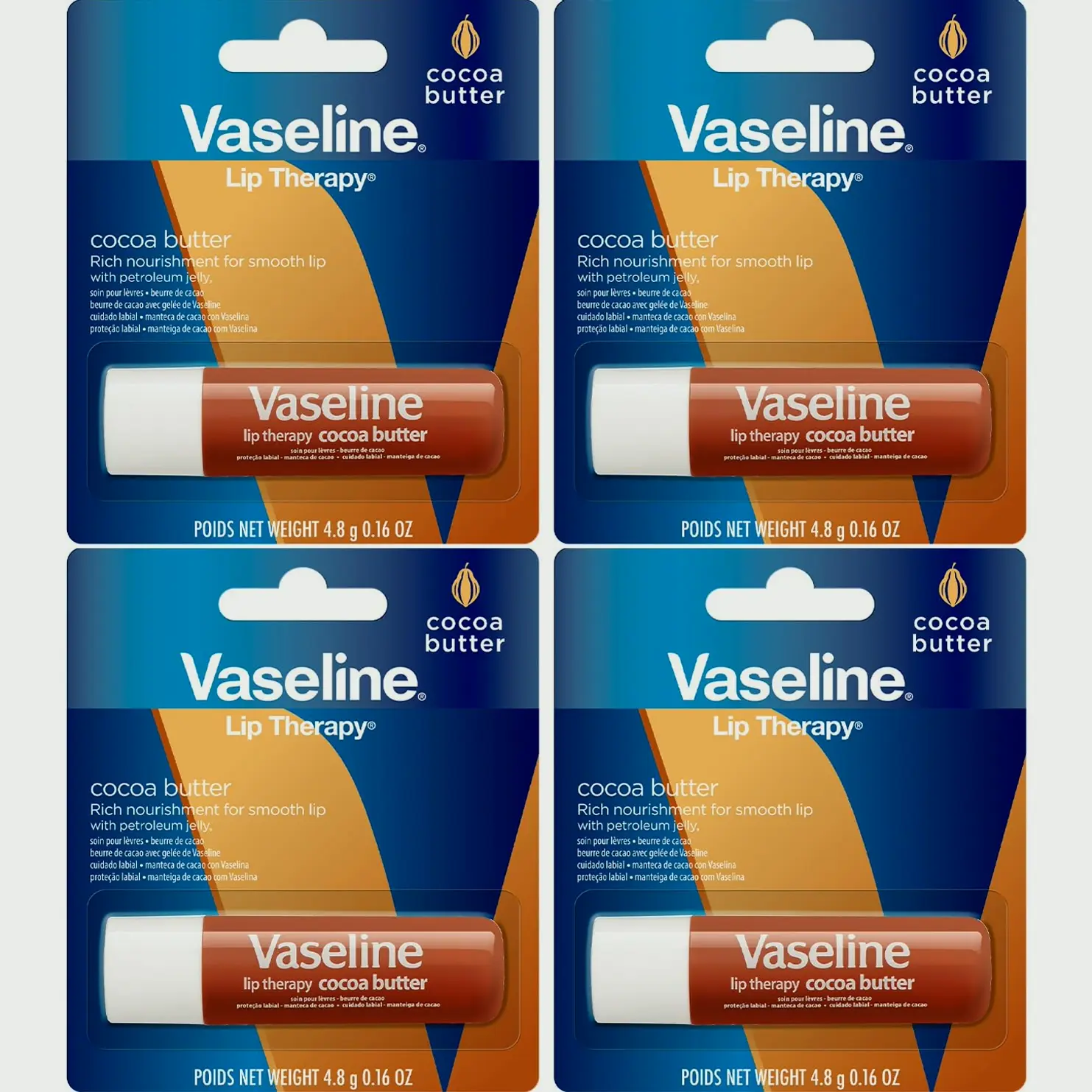 Vaseline Lip Therapy Cocoa Butter Balm, Pack of 4, 0.16 oz