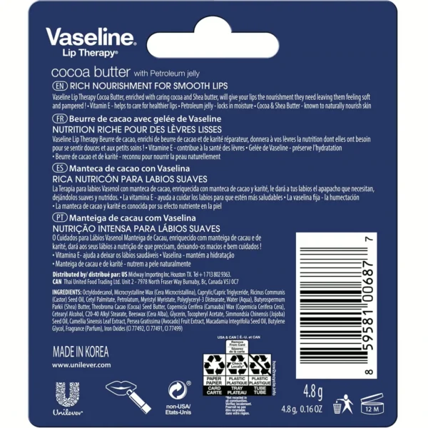 Vaseline Lip Therapy Cocoa Butter Balm, Pack of 4, 0.16 oz