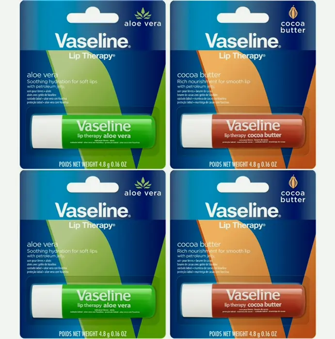 Vaseline's Lip Balm Variety 4-Set – Cocoa Butter + Aloe Vera Moisturizing Lip Balm containing Vit E, 0.16 Oz Ea