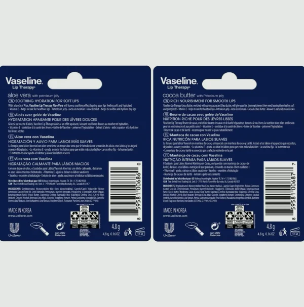 Vaseline's Lip Balm Variety 4-Set – Cocoa Butter + Aloe Vera Moisturizing Lip Balm containing Vit E, 0.16 Oz Ea