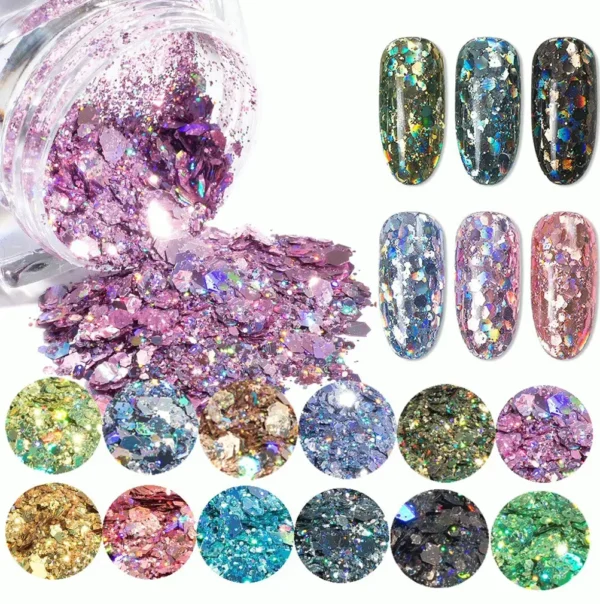 12 Colors Holographic Nail Glitter Bundle